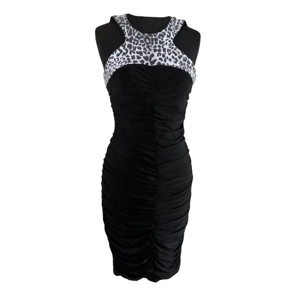 CACHE Animal Black Bodycon Sequin Ruched Evening Event Dress Stretch NWT $198